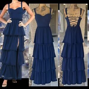 Lulus Sophisticated Occasion Navy Blue Bustier Lace-Up Maxi Dress Size M